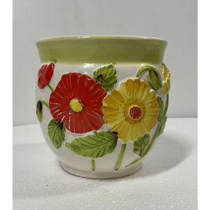 VTG  Lefton China Floral Flower Pot 4 X 4 Poppy Flowers Yellow Orange Green 824
